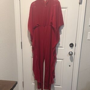 Red Ruffled Wide-Sleeve Jumpsuit